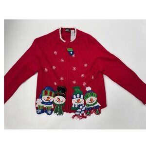 Tiara Girls Red Snowman Applique Zip Up Sweater Cardigan Childrens Size 12/14 L